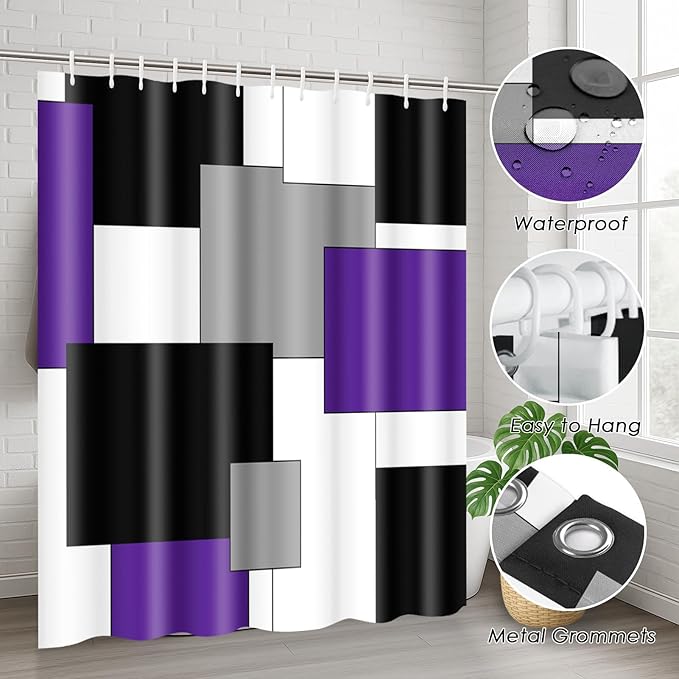 Purple Geometric Shower Curtain Set with Toilet Lid Cover and Non-Slip Rugs for Bathroom, Grey Black White Checkered 4 Pcs Shower Curtain, Abstract Modern Bathroom Set with 12 Hooks