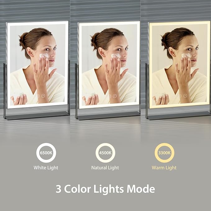 NEZZOE Rechargeable Vanity Mirror with Lights, Table Mirror with Stand, Makeup Mirror with 3 Colors and Brightness Adjustable, 3000mAh Battery, 14×10 Inch