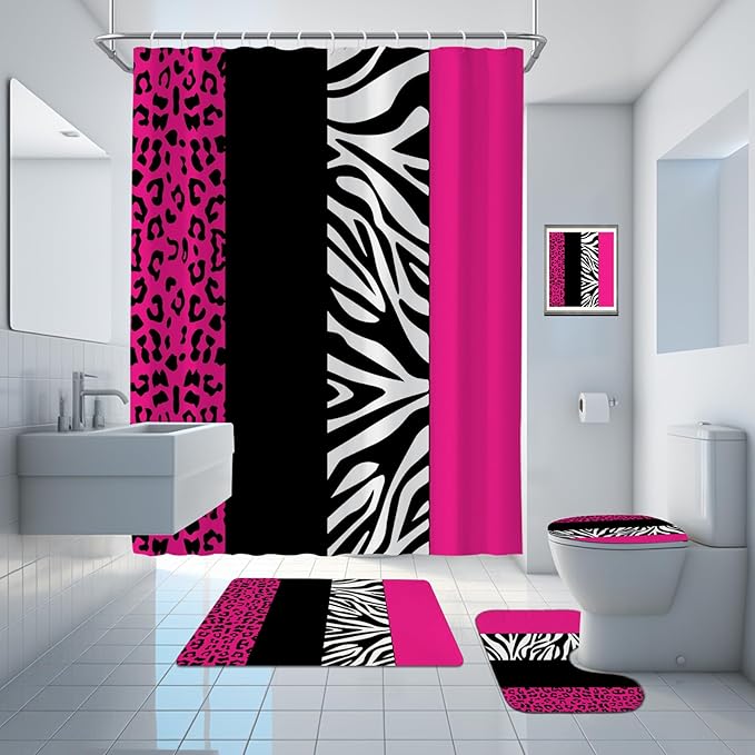 Onalasyc 4Pcs Rosy Leopard Shower Curtain with Rugs Set Waterproof Cheetah Print Bathroom Sets with Shower Curtain and Rugs Rosy Leopard Animal Print Bathroom Curtains Shower Set with 12 pcs Hooks