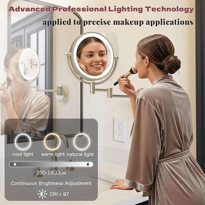 8" Hardwired Wall Mounted Magnifying Mirror with Lights, 1X/5X Double Sided 3-Colors LED Lighting Touch Dimming Extended Arm 360 Rotation Brass Makeup Mirror for Bathroom, Satin Brushed Gold