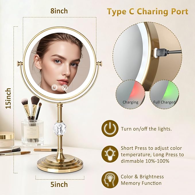 Lighted Makeup Mirror,4000mAh Rechargeable Double Sided Magnifying Mirror 1x/10x with 3 ColorsStepless Dimming, 360° Rotation Vanity Mirror with Lights, Memory Function,Gold