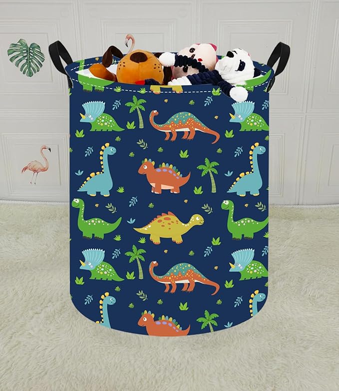 KUNRO Round Dinosaur Laundry Gift Basket Storage Hamper, Clothes Storage Organizer Bins, Shelf Basket with Handles for Room Decor