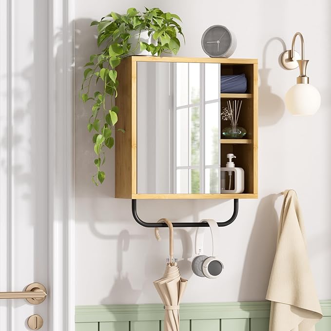 AmazerBath Bathroom Medicine Cabinet with Mirror, Bamboo Medicine Cabinet Wall Mounted, Over The Toilet Storage with Towel Bar for Bathroom, Small Spaces