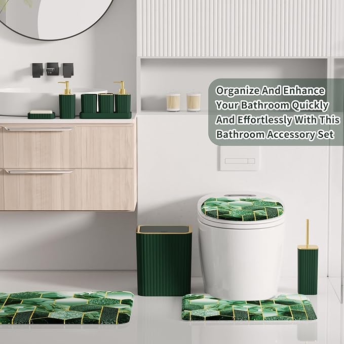 XLHOMO Bathroom Set - 26PC Bathroom Set with Shower Curtain and Rugs, Bathroom Accessory Set, Dark Green Bathroom Accessories Set, Trash Can & Soap Dispenser