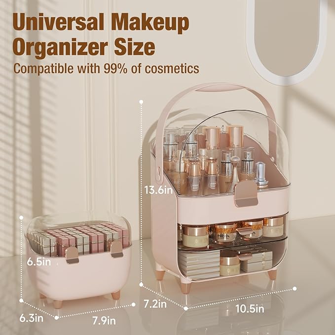 Makeup Organizer for Vanity with perfume Storage Box, Countertop Skincare Organizer with 2 Drawers, Cosmetic Display Case for Perfumes, Eyeshadow Palettes, Nail Polishes, Pink