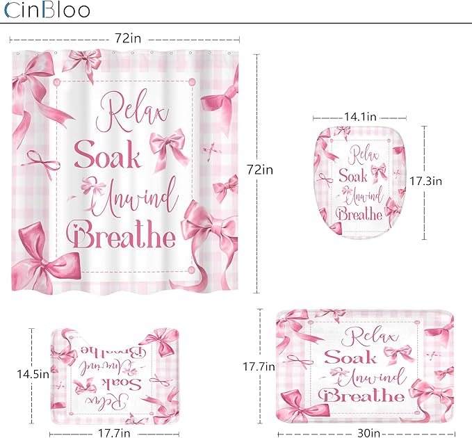Cinbloo 4Pcs Pink Bow Christian Shower Curtain Set, Coquette Bible Verse Scripture Inspirational Quotes Girly Bathroom Curtain with Rug, Toilet Lid Cover, Bath Mat, Modern Shower Curtain with 12 Hooks