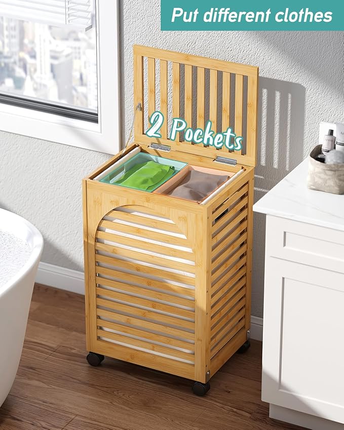 Laundry Hamper with Wheels, Laundry Basket with Lid, 22.5Gallon (85L) Bamboo Wood Clothes Laundry Hamper 2 Section with Handles, Removable Liner