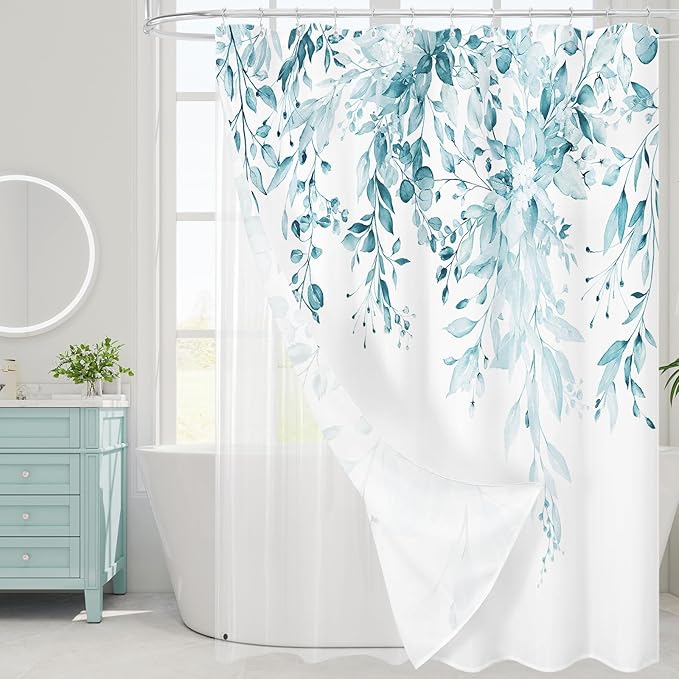 Gibelle 3 in 1 Shower Curtain Set, 72x72 SpaBlue Eucalyptus Bath Curtain and PEVA Liner Set with 12 Metal Hooks, Waterproof Fabric Bathroom Curtain
