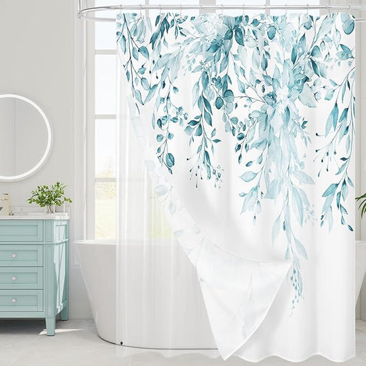Gibelle 3 in 1 Shower Curtain Set, 72x72 SpaBlue Eucalyptus Bath Curtain and PEVA Liner Set with 12 Metal Hooks, Waterproof Fabric Bathroom Curtain
