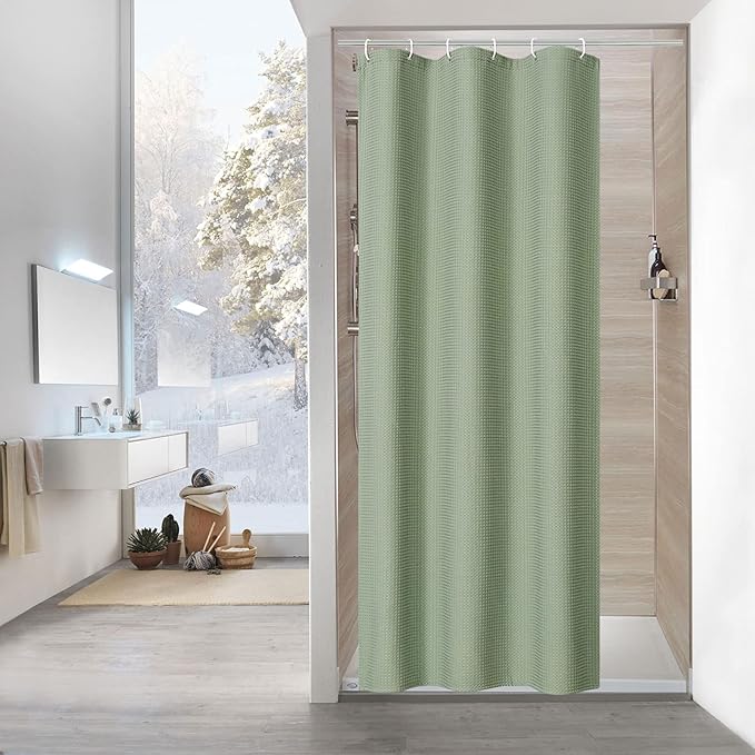 MitoVilla Green Waffle Small Stall Half Size Farmhouse Fabric Narrow Shower Curtains, 36 x 72, Sage Green, 36 inch Weighted Set