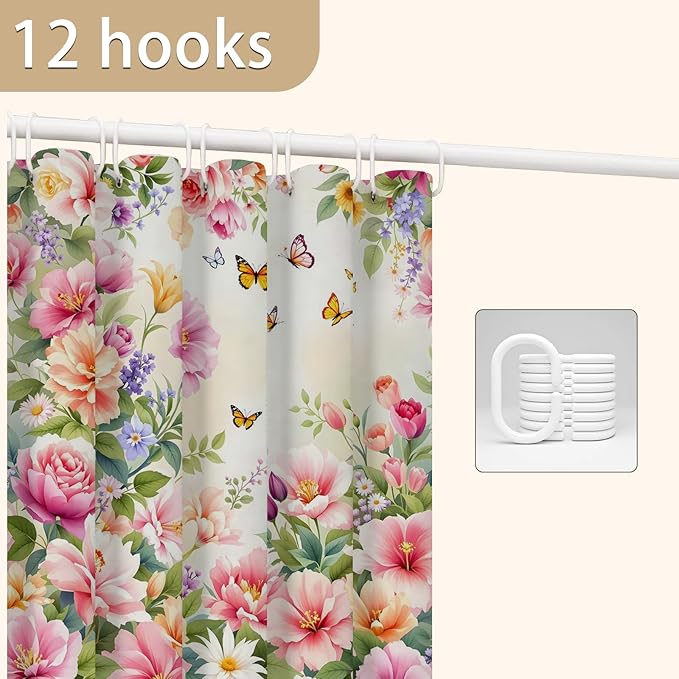 Floral Shower Curtain，Colorful Flower Butterfly Spring Summer Bathroom Decor, Waterproof Cloth Fabric Shower Curtains with 12 Hooks，72" W x 72" L