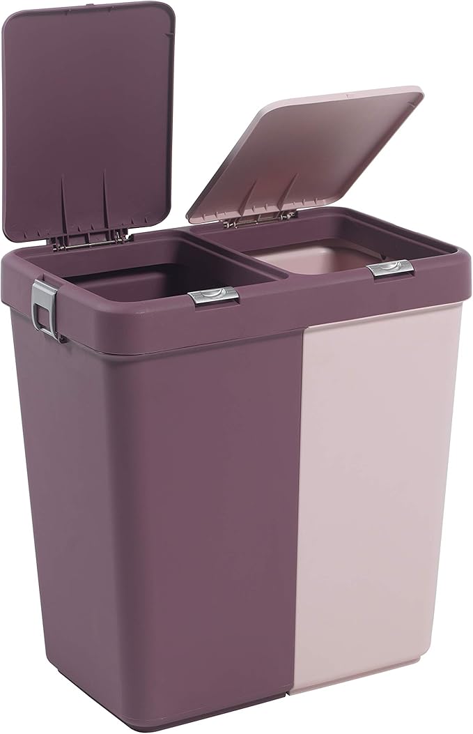 Mabel Home Plastic Laundry Hamper with Lid, 2 sections, Large Laundry Basket – Extra Trash Bin (1,6 Gallons) inc. (Pink-Purple)