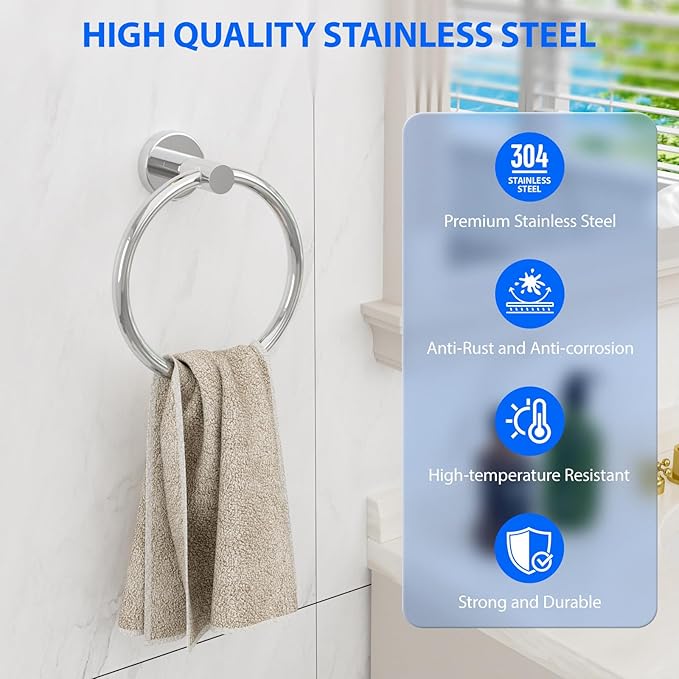 Towel Rings for Bathroom Wall Mount, SUS 304 Stainless Steel Hand Towel Holder, Modern Shower Hardware, Chrome, 1-Pack