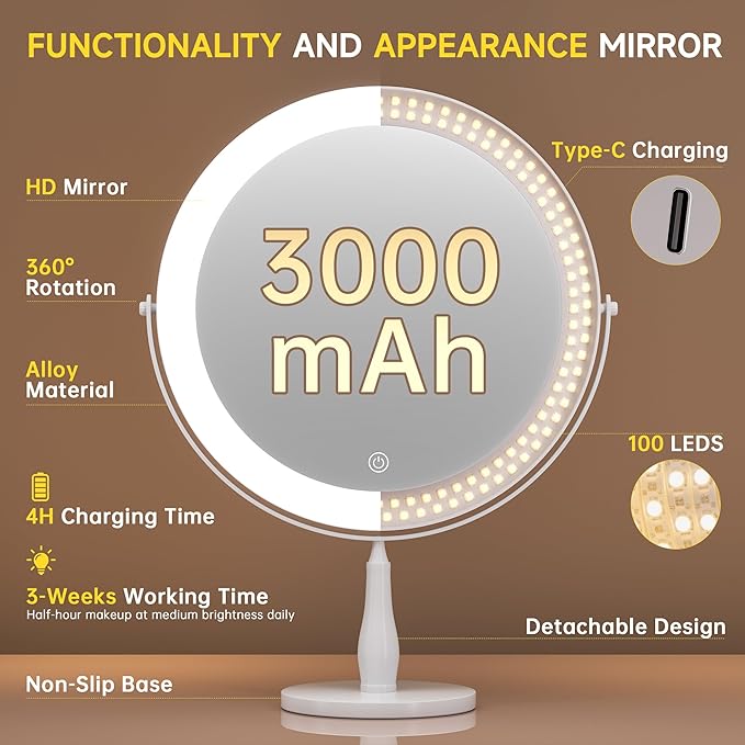 11.8" Extra Large 16.54" Tall Lighted Makeup Mirror, 1X/5X, 2-Sided Magnifying Mirror with 96 LEDs, 3 Color Dimmable Lights, 360° Swivel, LED Vanity Mirror, White - Great Gift