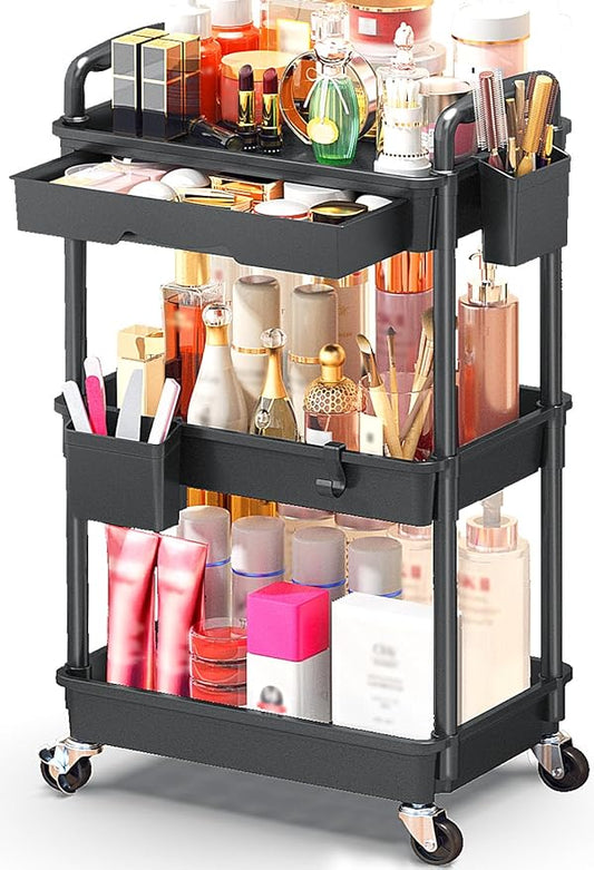 Makeup Cart Organizer with Drawers, Floor Skincare Organizers Vanity Storage Organizer, Rolling Makeup Bathroom Storage Cart Cosmetics Display Cases for Skin Care Perfume Nail Polish, Black