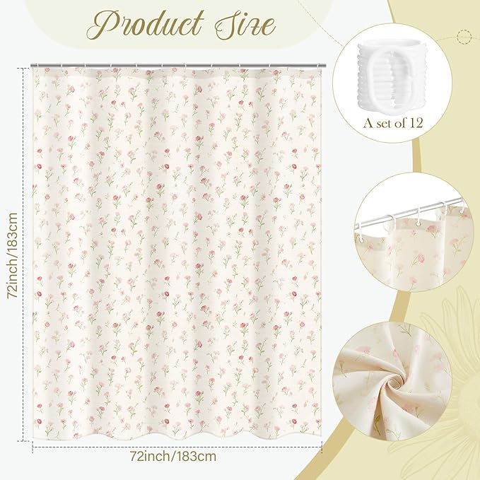 Boao Floral Shower Curtain Linen Farmhouse Cottagecore Spring Shower Curtain Boho Rustic Wildflowers Water Repellent for Bathroom Farmhouse 72" W x 72" L(Pink Flower)
