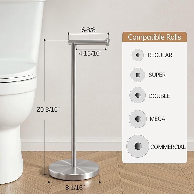 KES Toilet Paper Holder Stand SUS 304 Stainless Steel Rustproof Pedestal Lavatory Tissue Roll Holder Floor Stand Modern Brushed Nickel Finish, BPH283S1-2