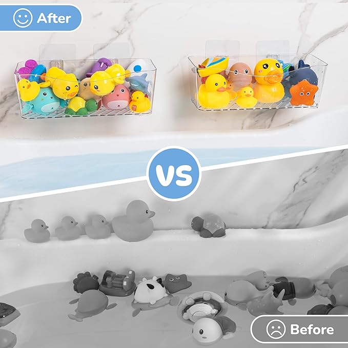 Imncya Bath Toy Storage Clear, Bathtub Toy Storage Organizer, large Capacity Bathtub Shower Caddy, No Drilling Quick-Dry Drainable, Plastic Bath Toy Holder for Bathroom (2 Pack)
