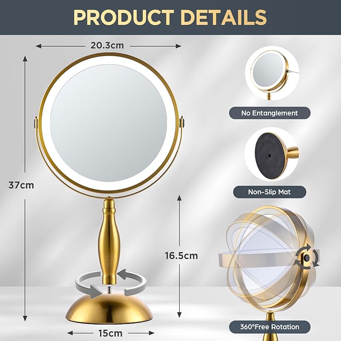 Makeup Mirror with Lights, 30X Golden Magnifying Mirror, 5000mAh Rechargeble Double Sided Mirror - Side Charge & Side Touch, Brightness Adjustable with 3 Colors, 360°Swivel Vanity Mirror