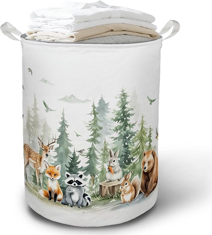 Animal Forest Nursery Laundry Basket Hamper,Forest Nursery Decor, Animals Foldable Clothes Toys Books Storage Box Bins Baskets Organizer for Girls Boys Bedroom Bathroom,