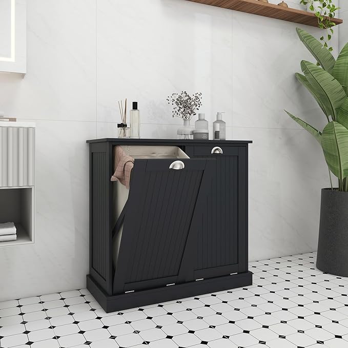 Locsear Tilt Out Laundry Hamper Cabinet with Removable Basket, Double Hidden Laundry Hamper Cabinet, Wood Bathroom Storage Cabinet, Free Standing Home Organizer, (Black)