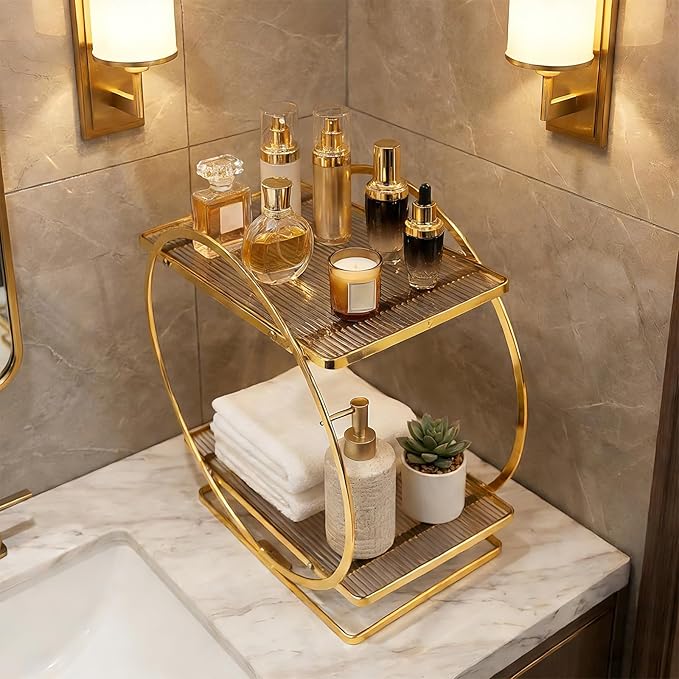 BO2703 2 Tier Bathroom Organizer, Perfume Organizer for Dresser, Gold