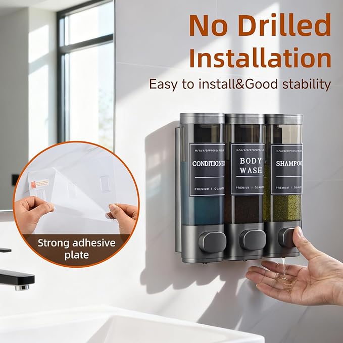 Shampoo and Conditioner Dispenser,Shower Soap Dispenser 3 Chamber No Drill Wall-Mounted for Bathroom & Hotel Leak-Proof Pumps, for Thick Liquids Like Conditioner - 1050ML High Capacity, Gun Gray