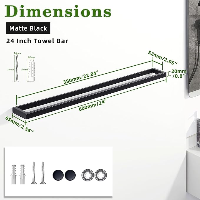 Alise Bath Towel Bar,Wall Mount 24 Inch Towel Holder,Towel Racks for Bathroom, Towel Rail for Lavatory,SUS304 Stainless Steel Hand Towel Hanger,Matte Black