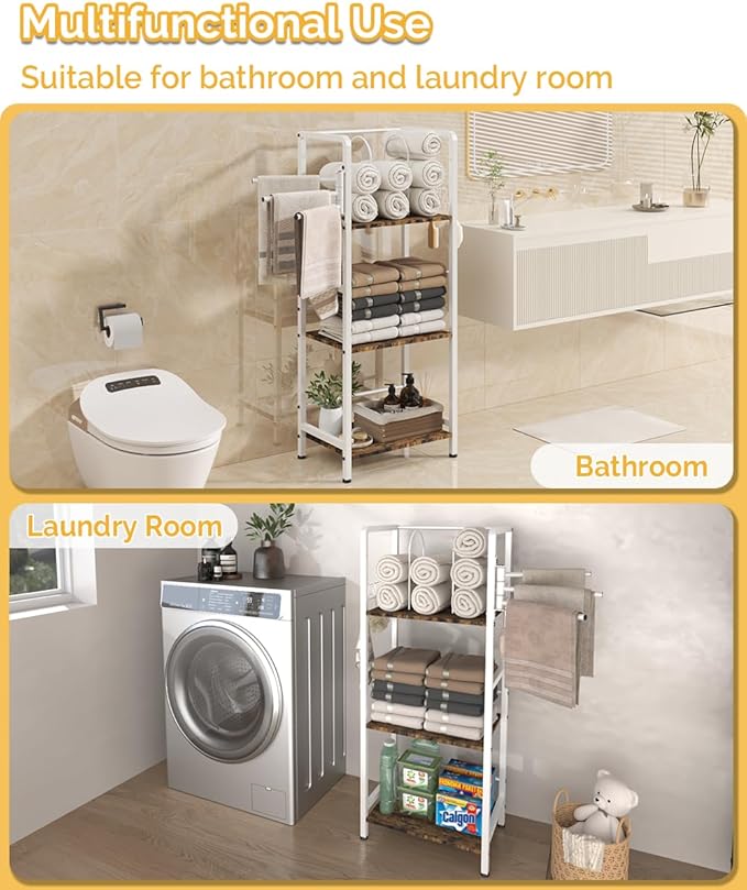 Mondazie Free Standing Towel Racks for Bathroom with 3 Rotating Bars, 3-Tier Floor Towels Holder Stand with Detachable Dividers, Pool Towel Storage Organizer with 8 S-Hooks for Home, Poolside, White