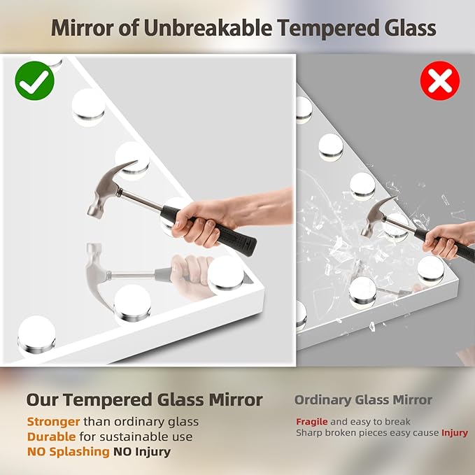 FENCHILIN Vanity Mirror with Lights 32''x23'' Tempered Glass Large Hollywood Mirror with 18 Dimmable Bulbs for Makeup Table/Hanging Bluetooth Speaker Mirror with Touch Screen & USB Charge Port