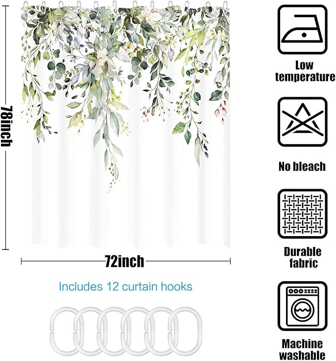 kampdream Green Eucalyptus Plant Shower Curtain, Watercolor Leaves On The Top Shower Curtain, Sage Green Spring Botanical Bathroom Curtain 72 ×78 Inch