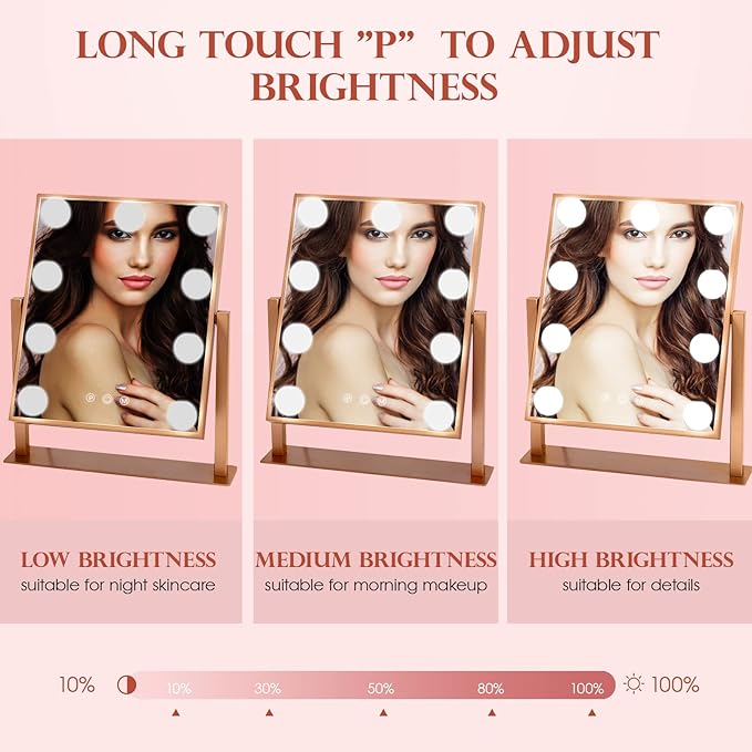 BWLLNI Makeup Mirror with Lights, Hollywood Mirror Lighted Vanity Mirror with 9 LED Bulbs, Touch Control Design 3 Colors Dimmable Bulbs Detachable 10X Magnification 360°Rotation(Rose Pink)