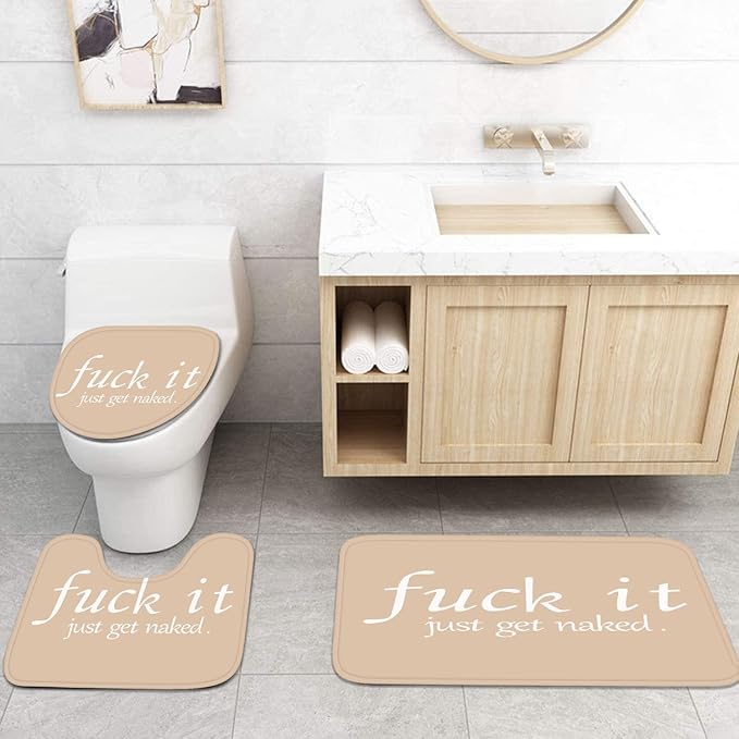 ArtSocket 4PC Funny Get Naked Beige Modern Shower Curtain Sets Bathroom Decor with Rugs, Non-Slip Rug,Toilet Lid Cover, Bath Mat and 12 Hooks 72x72 inches