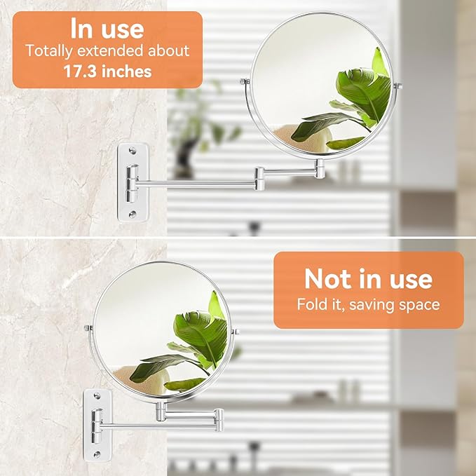 8 inch Wall Mounted Makeup Mirror, 1X/10X Magnifying Double-Sided Wall Mount Shaving Mirror (Close-Up 10X) with Extendable Arm, 360° Swivel for Bathroom Vanity, Chrome (No Light)