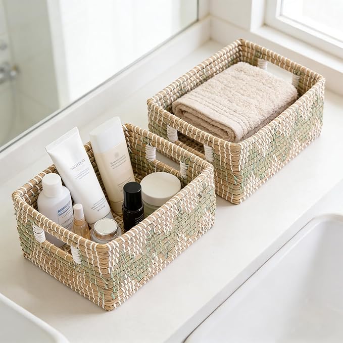 Laundry Hamper Storage Baskets with Lid, Woven Basket Decorative Baskets for Shelves, Basket for Gifts, Closet, Pantry, and Home Organization, Set of 4, Multi-Size
