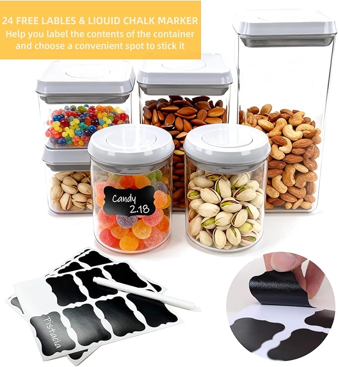 6 Pcs POP Container Set, Airtight Food Storage with Lids, Push Button Seal BPA-Free Set for Pantry, 0.65QT/0.7QT/1.8QT/2.4QT for Bulk Dry Food, Cereal, Flour, Sugar, RV Kitchen Storage