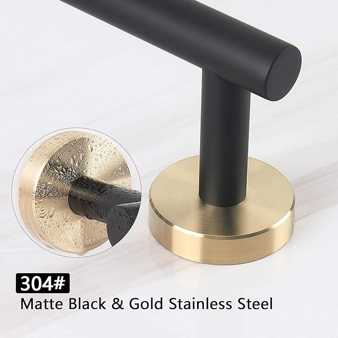 NearMoon Bath Towel Bar, Thicken Stainless Steel Shower Towel Rack Holder Wall Mounted for Bathroom, 24-lnch Overall Length-21-lnch Usable Hanging Space (1 Pack, Matte Black & Gold)