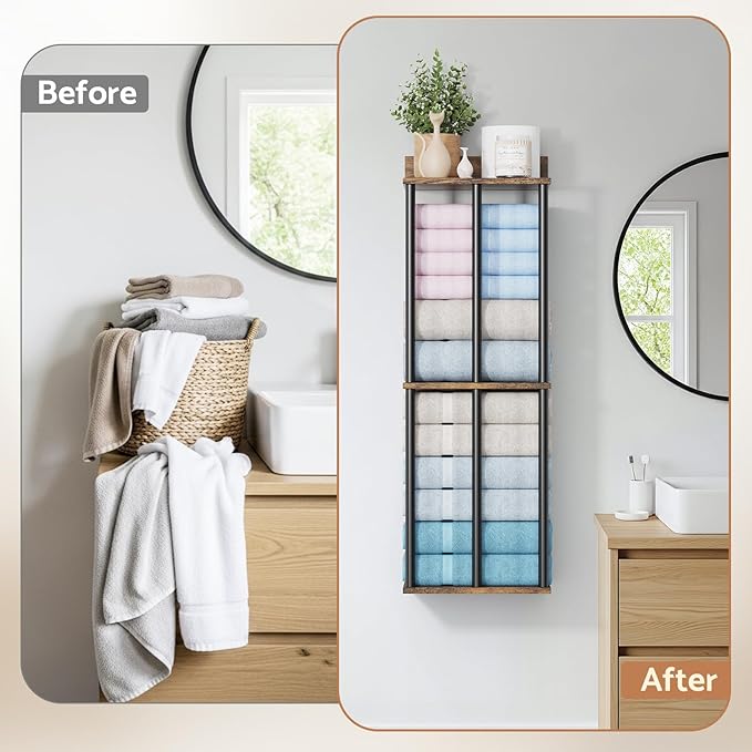 Towel Racks for Bathroom Wall Mounted, Upgraded Bathroom Towel Holder Bath Storage Rack for Rolled Towel, Small Towels, Folded Towels, Rustic Organizer Rack with Shelf