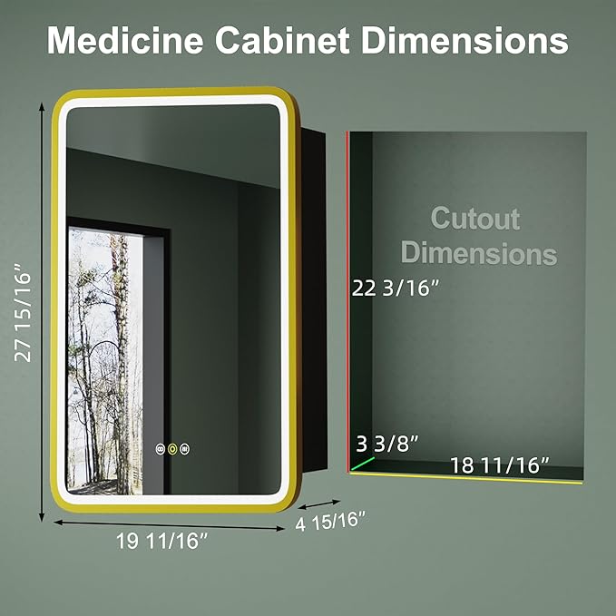 Medicine Cabinet with LED Lights and Mirror, 20W x 28H Inch Wall or Recessed Mounted Bathroom Cabinet with Right Hinge, Storage Shelf, Defogger, Memory Function, 3-Color Mode, Dimmer, Gold