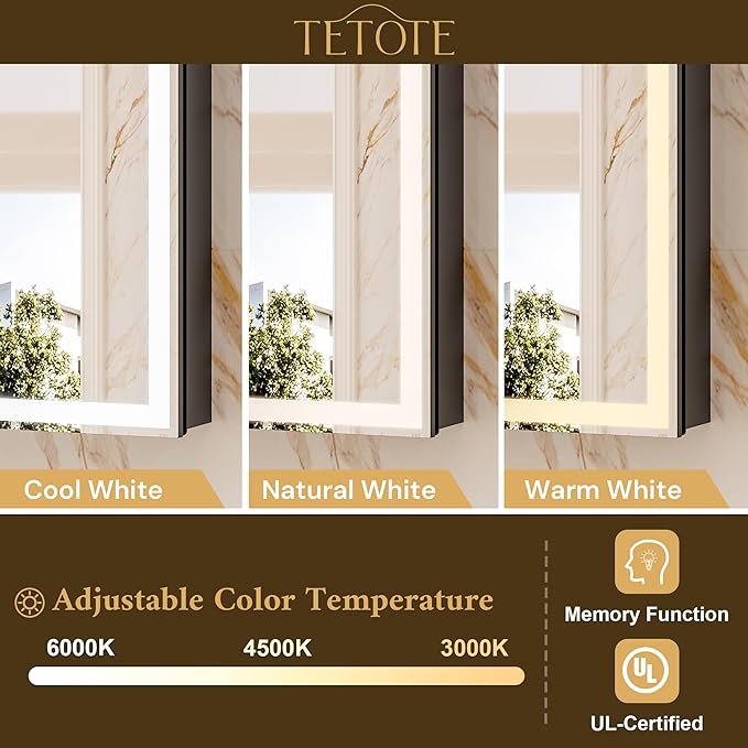 TETOTE 20 x 26 Lighted Bathroom Medicine Cabinet with Adjustable Shelves, Black Aluminum Cabinet, Anti-Fog Stepless Dimmable 3 Colors White/Warm/Natural, Easy to Install(Wall Mount/Recessed)