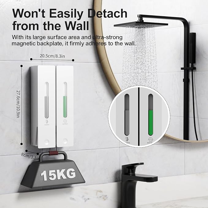 Shampoo and Conditioner Dispenser 2-Chamber Wall-Mounted Shower Soap Dispenser, No-Drill Installation, 800ML Capacity, Ideal for Bathrooms and Hotels