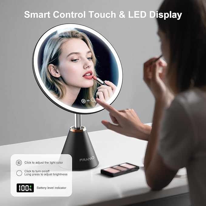 FRANO 10.5" Professional Makeup Mirror with Lights, Rechargeable HD Vanity Mirror, CRI≥98 True-Sunlight, 3 Color Modes & Stepless Dimming, 5000mAh, Valentines Day Gifts for Her