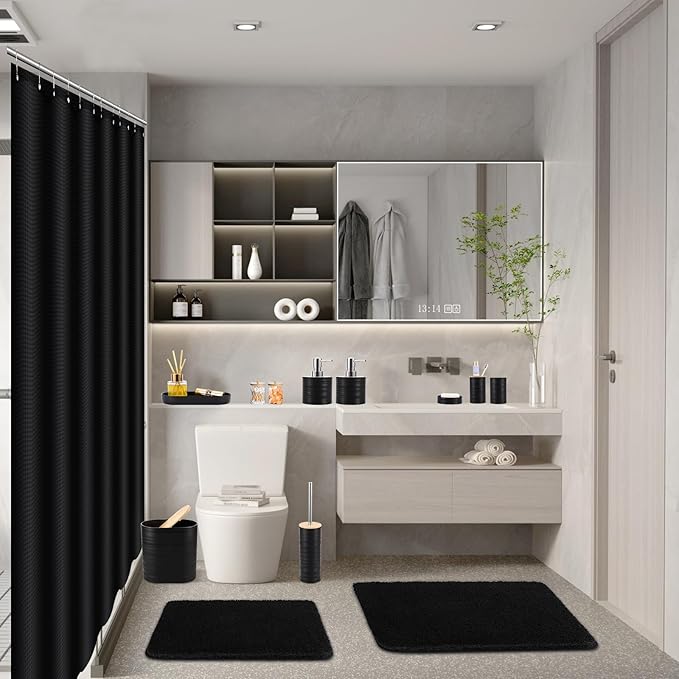 XLHOMO Bathroom Set - Black Bathroom Accessories Set, Bathroom Sets with Shower Curtain and Rugs, 25PC Shower Curtain Set with Hooks, Soap Dispenser, Soap Dish, Toilet Brush Holder and Trash Can