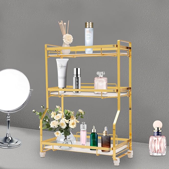LYNICESHOP 3 Tier Bathroom Countertop Organizer, Gold and White Modern Vanity Organizer with Small Storage Baskets, Skincare, Perfume - Spaace Saving, Easy Assembly, Non-Slip (12.6x6.5in)