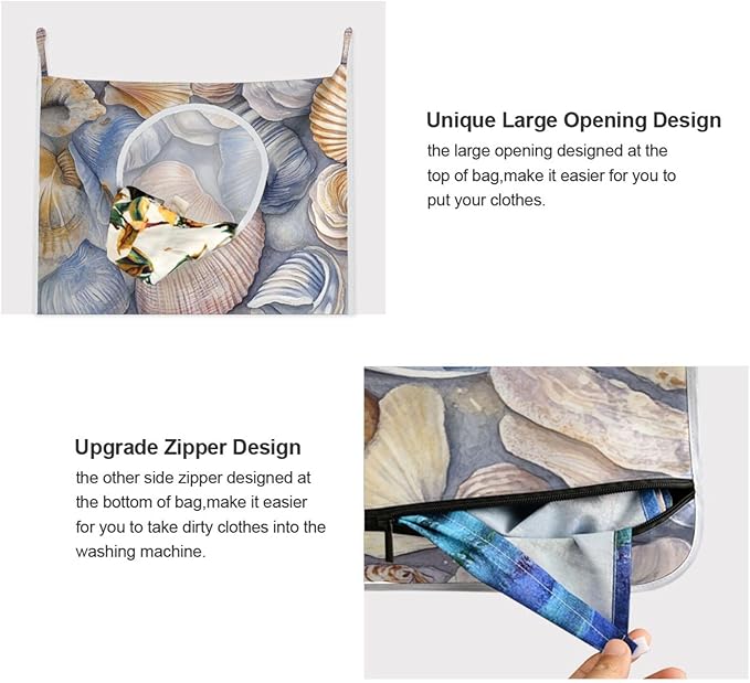 Hanging Laundry Hamper with Stainless Steel Hooks,Oxford Fabric Printing Door Laundry Clothes Bag, 29.5X20inch 2PCS Grey Shell Conch