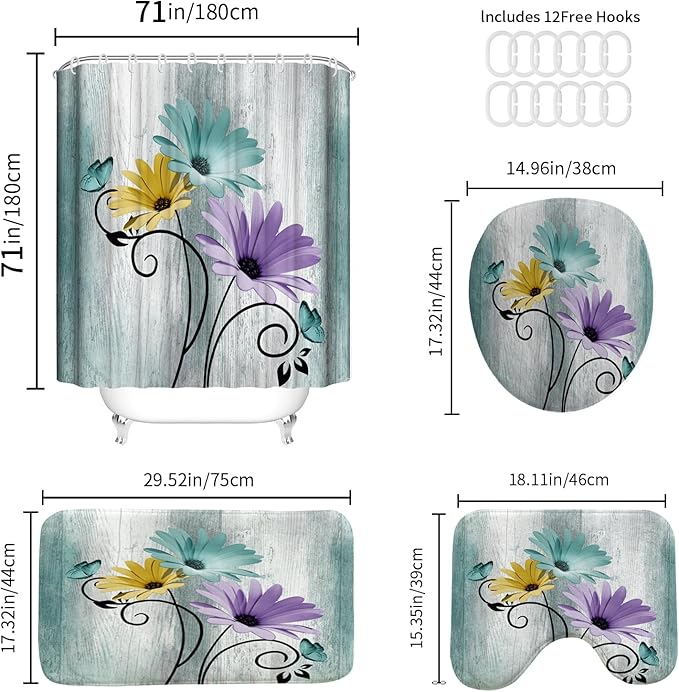 Onalasyc 4PCS Blue-Green Daisy Flowers Butterfly Shower Curtain Set with Shower Curtain and Carpet and Accessories, Waterproof Bathroom Shower Curtain Decorative Set with 12 pcs Hooks,71 x 71in