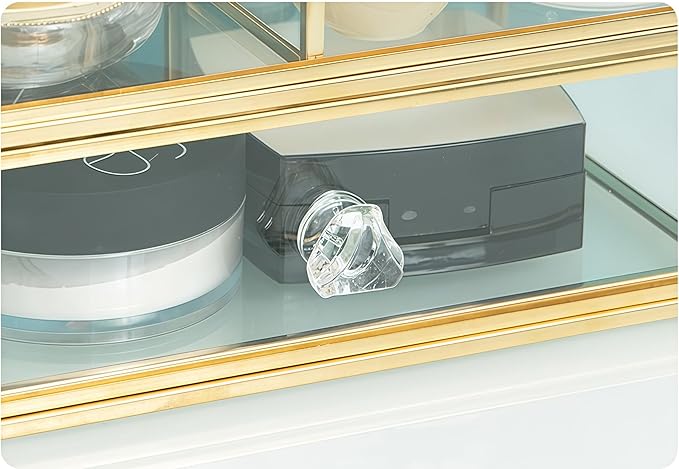 JIARI Glass Makeup Organizer with Drawer, Gold Brass Frame Jewelry Display Box, Nordic Style Cosmetic Storage for Vanity Bathroom Bedroom Office, 9.44x5.43x4.92 Inches (Storage Box-2 Tier)