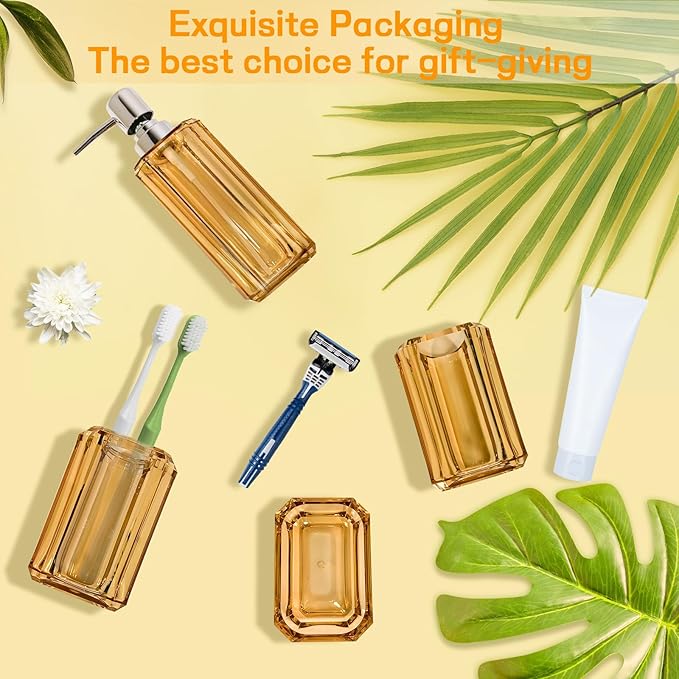 Bathroom Accessories Set,4 Pcs Premium Acrylic Bathroom Accessory Set Complete w/Lotion Soap Dispenser,Mouthwash Cup,Soap Dish,Toothbrush Holder,Orange Bathroom Decor Sets,Gift for Home Apartment