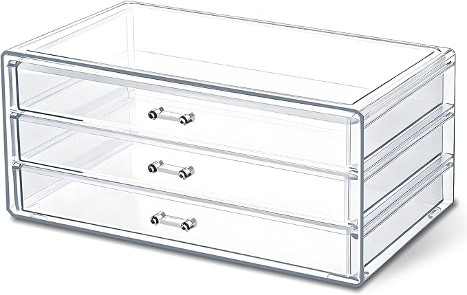 Acrylic Makeup Organizers, 9.3 X 5.3 X 4 Inch Stackable Makeup Organizer Acrylic 3 Drawer Storage Organizers Clear Stationery Organizer for Dresser, Bathroom, Vanity, Countertop