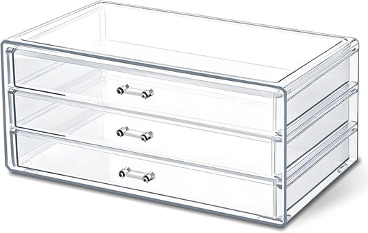 Acrylic Makeup Organizers, 9.3 X 5.3 X 4 Inch Stackable Makeup Organizer Acrylic 3 Drawer Storage Organizers Clear Stationery Organizer for Dresser, Bathroom, Vanity, Countertop